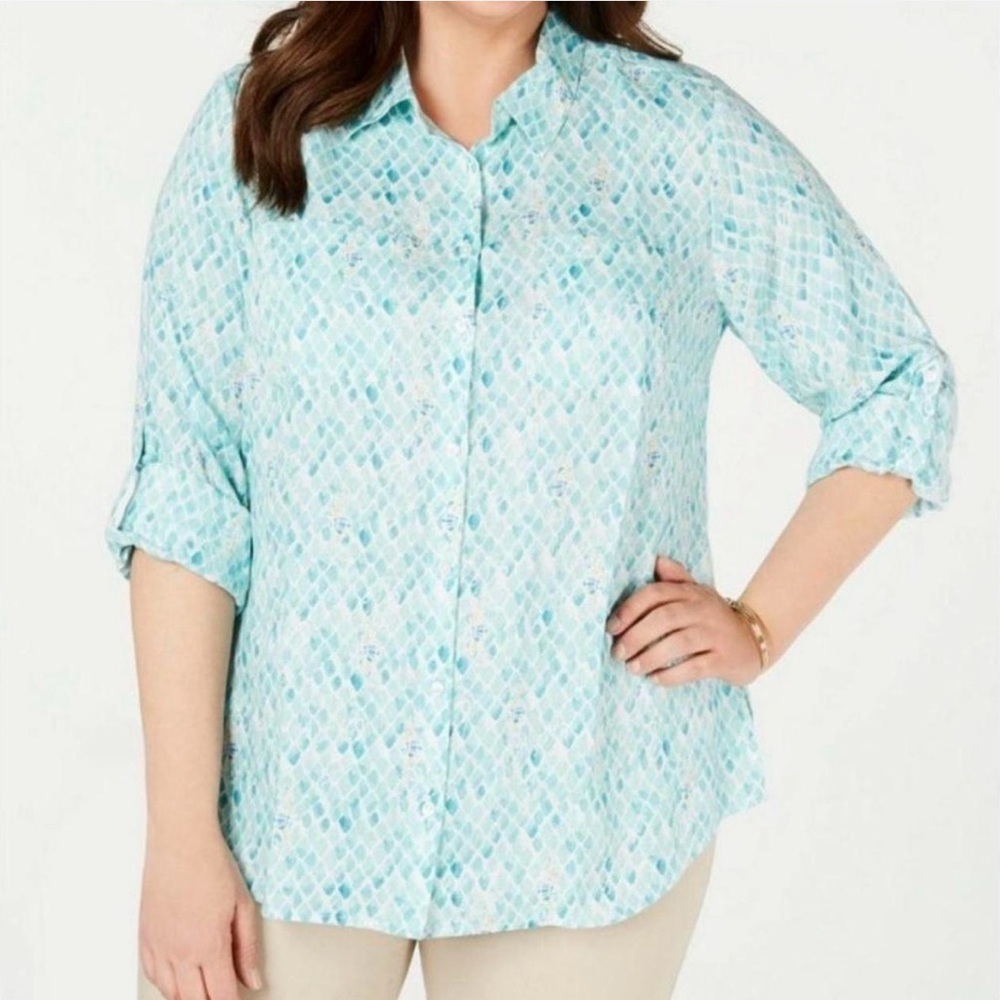 Charter Club Aqua Blue Patterned Button-Front Blouse